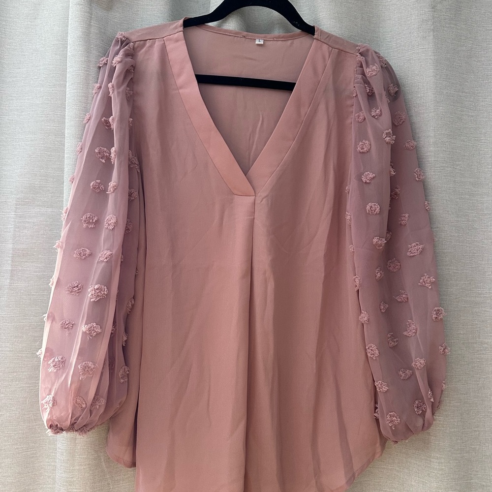 SHEIN Blush Pink Blouse with Floral Sheer Sleeves